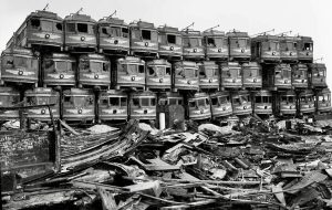 Los Angeles streetcars, ready for dismantling, Terminal Island, c1951
