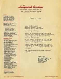 Hollywood Canteen letter of thanks from Betty Davis